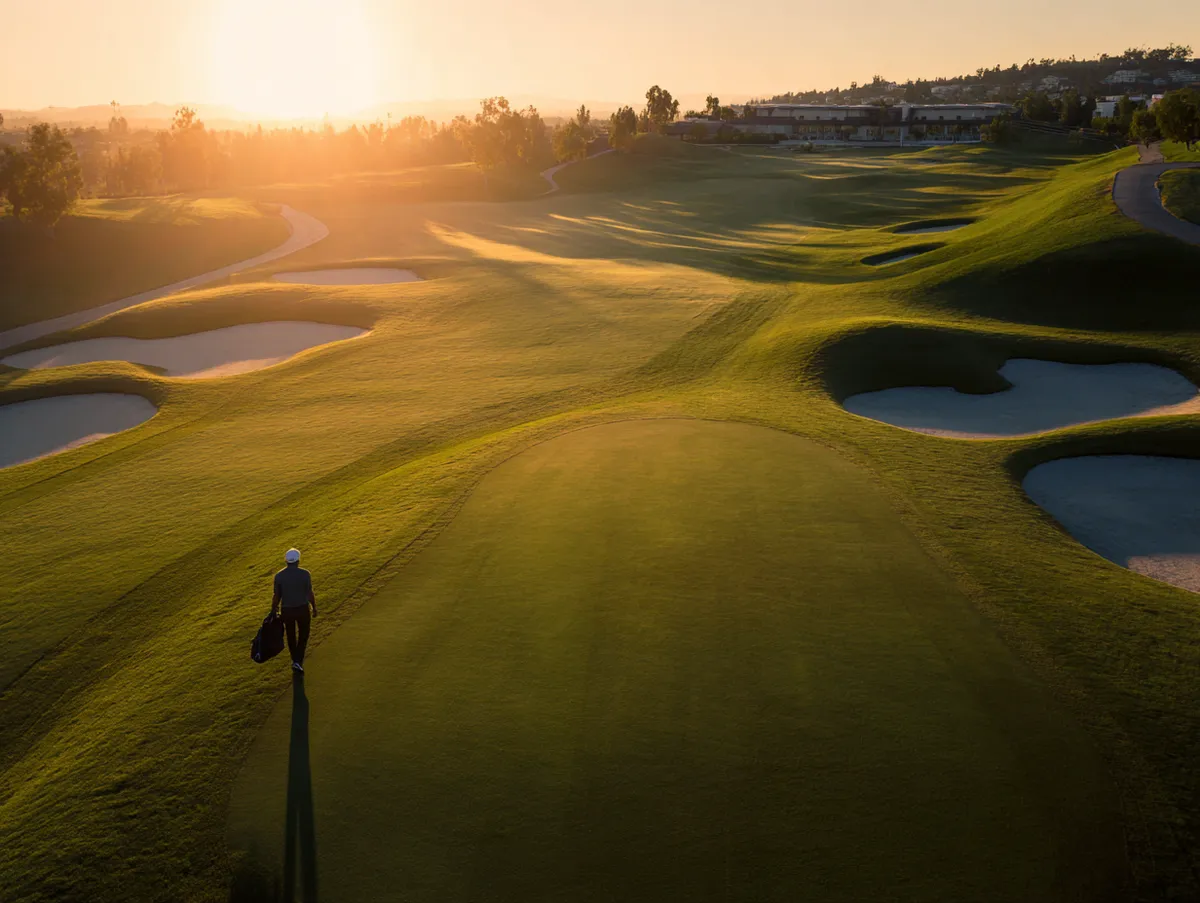 Golfer walking down a scenic golf fairway lined with bunkers at sunset